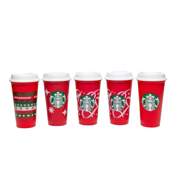 5 STARBUCKS Red Christmas Holiday Reusable Coffee Hot Cold Cups With Lids 16 Oz - Picture 1 of 2